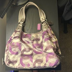 Coach “Madison” 3-section Shoulder Bag with Pewter Leather & Purple Satin Print